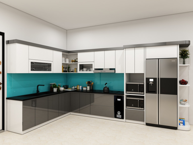 Xu hướng sử dụng bề mặt Acrylic bóng gương cho phòng bếp.
